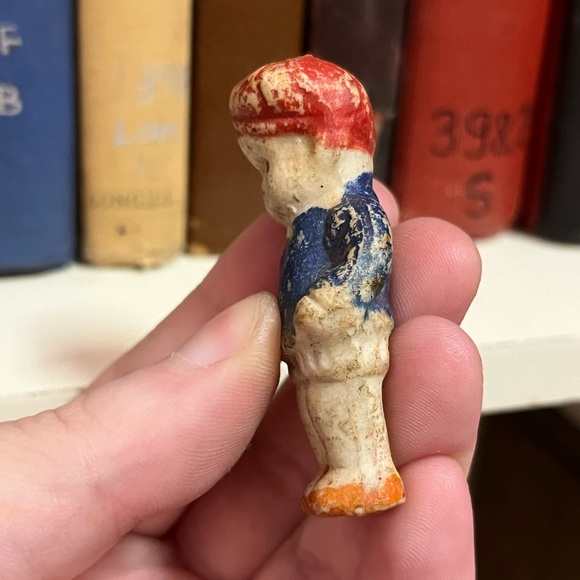 VTG Vintage Japan Miniature Bisque Ceramic Newsboy Red and Blue Penny Doll - Picture 3 of 7